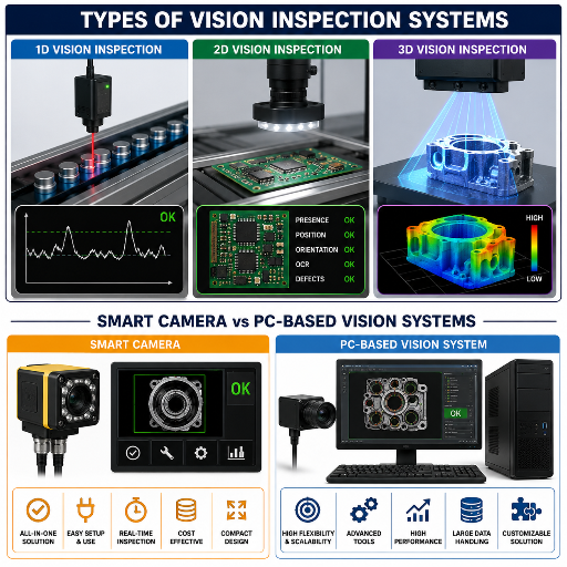 Types of Vision Inspection Systems: 1D, 2D, 3D, and Smart Camera vs PC-Based