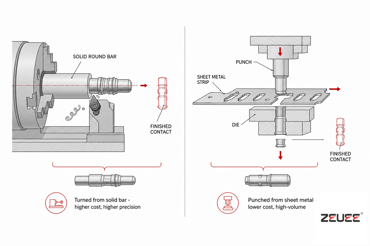 Manufacturing Method: Machined vs. Stamped-and-Formed Contacts — ZEUEE