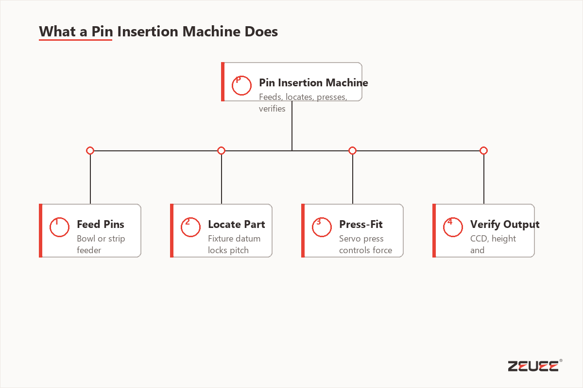 What a pin insertion machine does in feed locate press verify steps