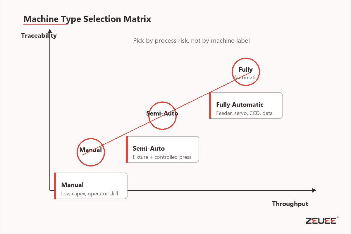 Manual semi automatic and fully automatic pin insertion selection matrix