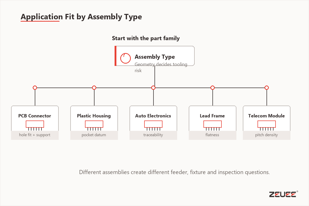 Application fit map for PCB connector housing and automotive electronics pin insertion