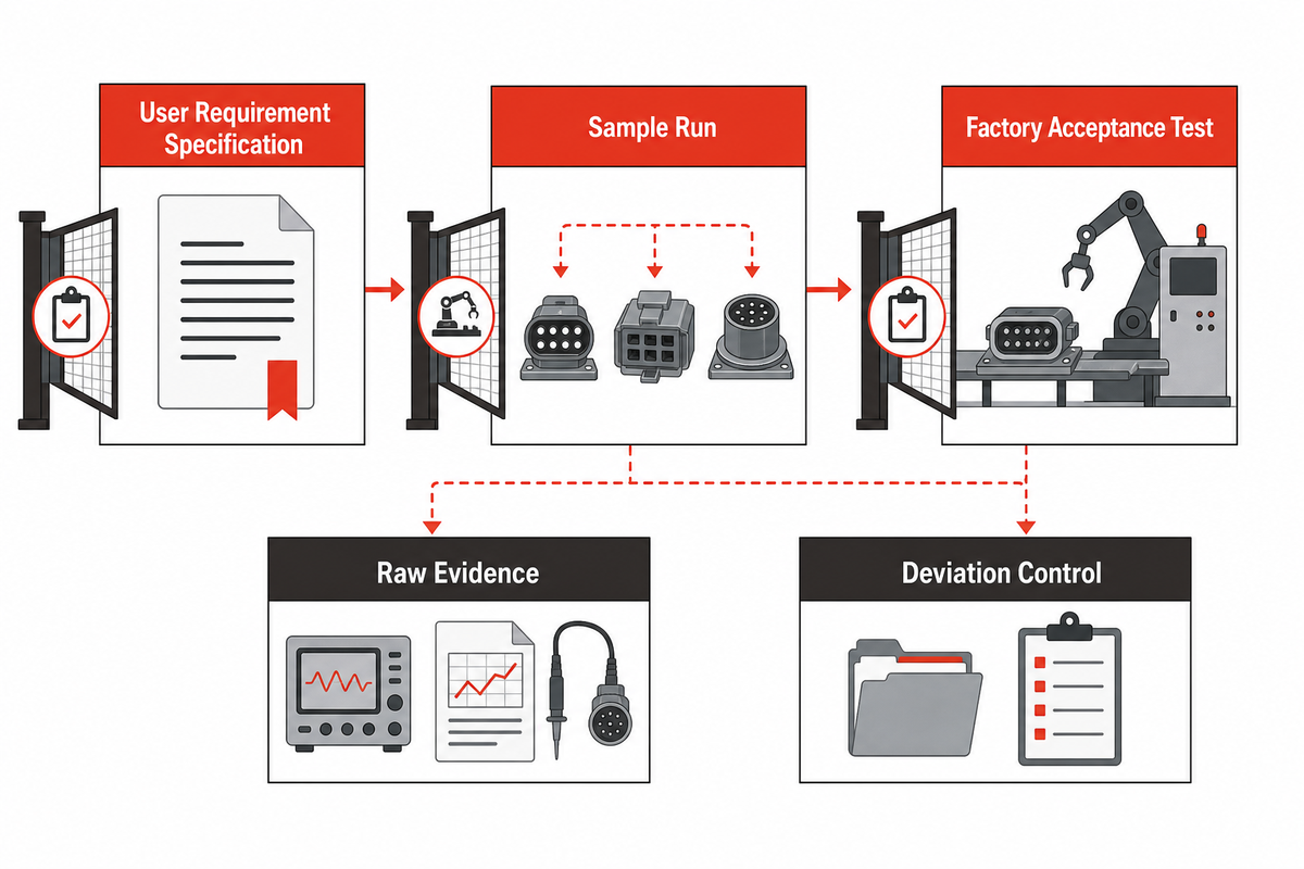 URS, sample run, Factory Acceptance Test, raw evidence, and deviation control sequence