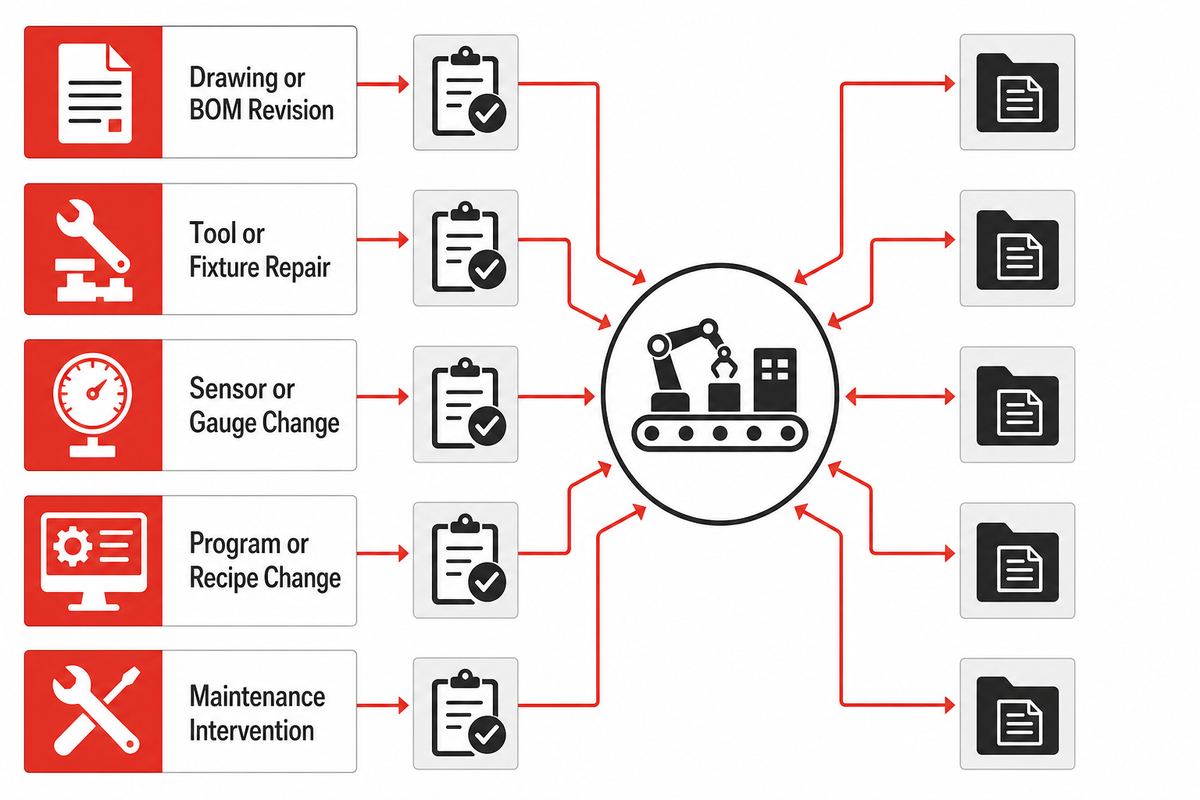 Revalidation triggers for drawing, tooling, gauge, recipe, and maintenance changes