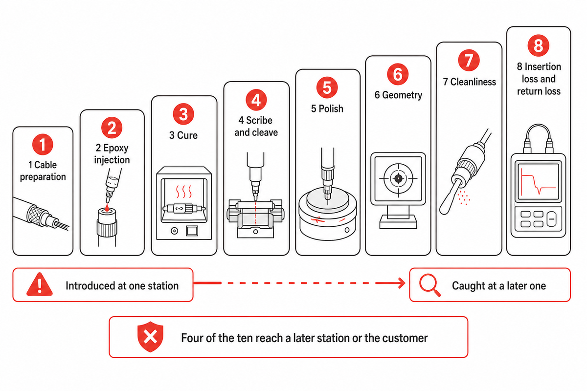 The 8-Station Yield Ladder: what the fiber optic connector assembly process covers — ZEUEE