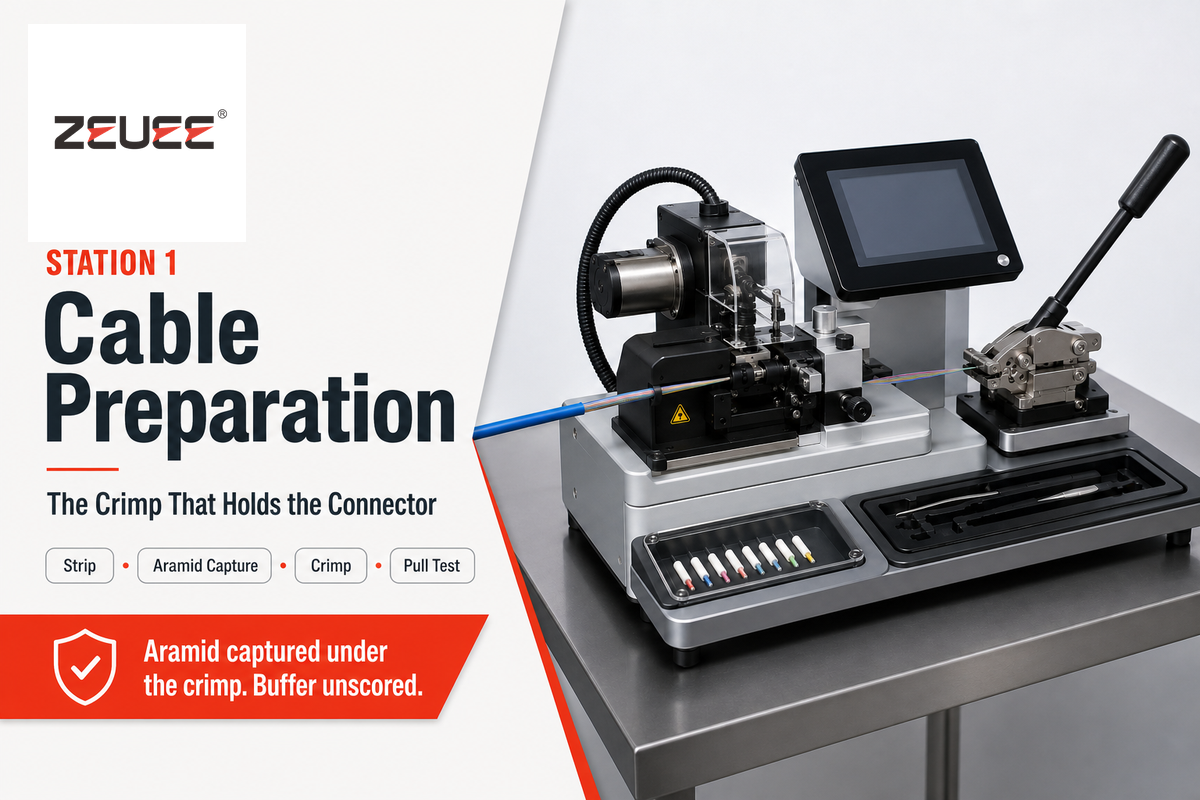 Station 1: cable preparation and the crimp that holds the fiber optic connector body — ZEUEE