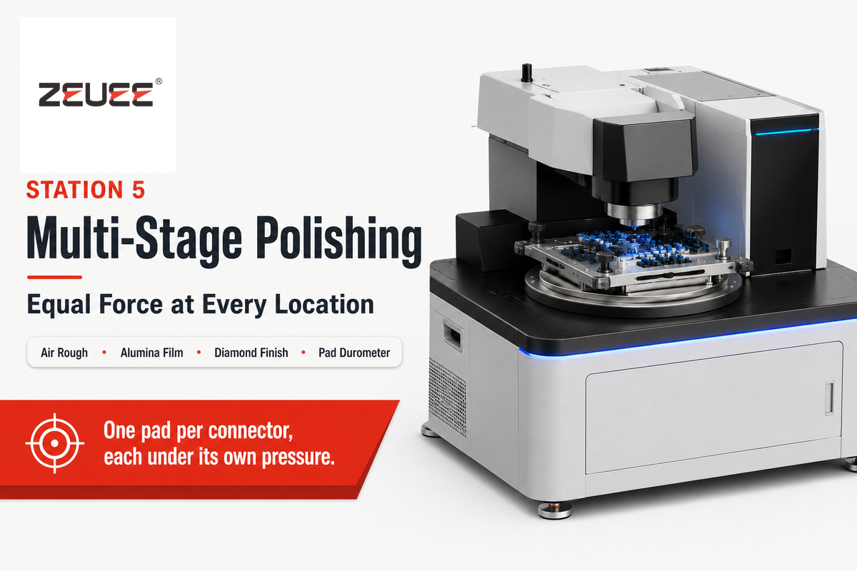 Station 5: multi-stage polishing of the fiber optic connector end face — ZEUEE