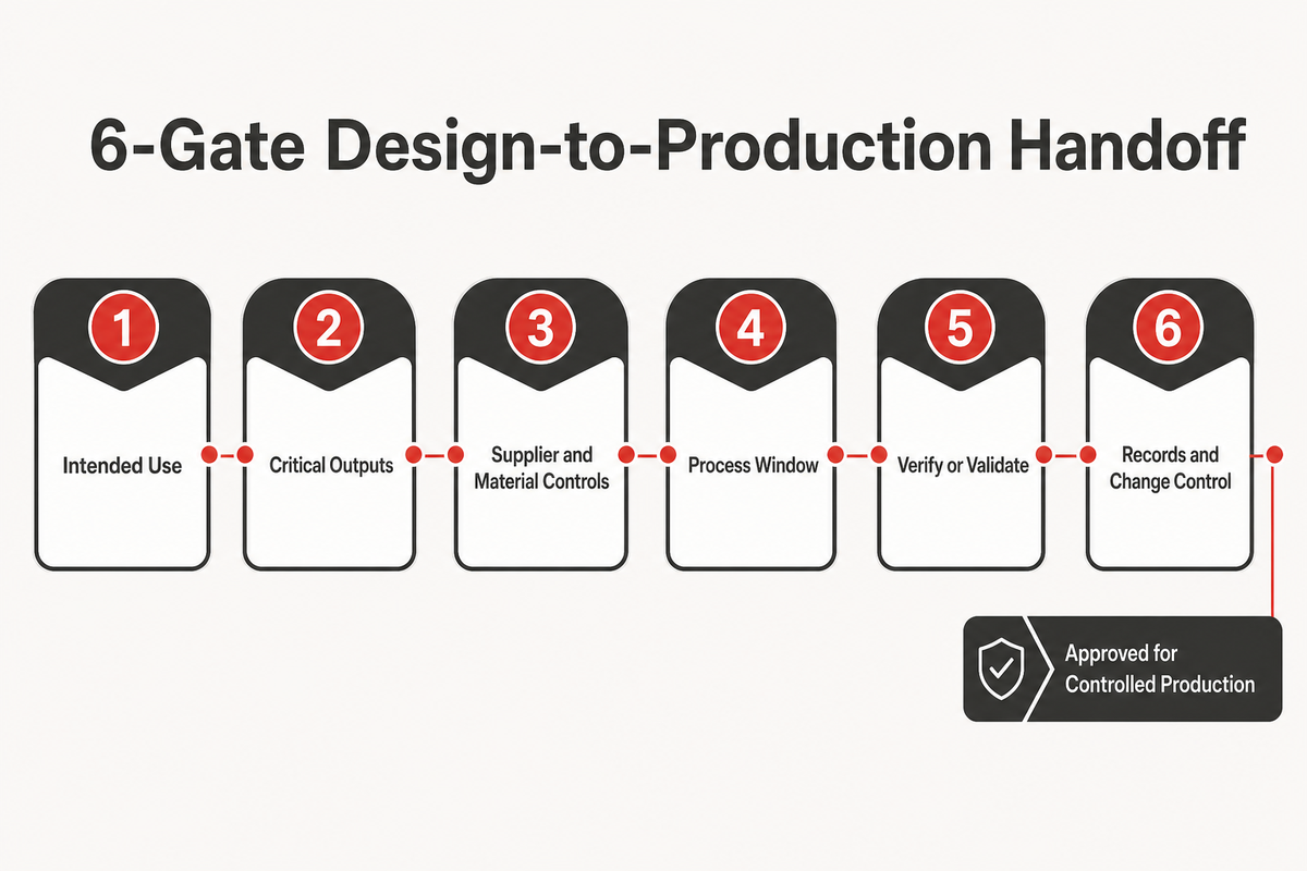 Six-gate medical device design-to-production handoff