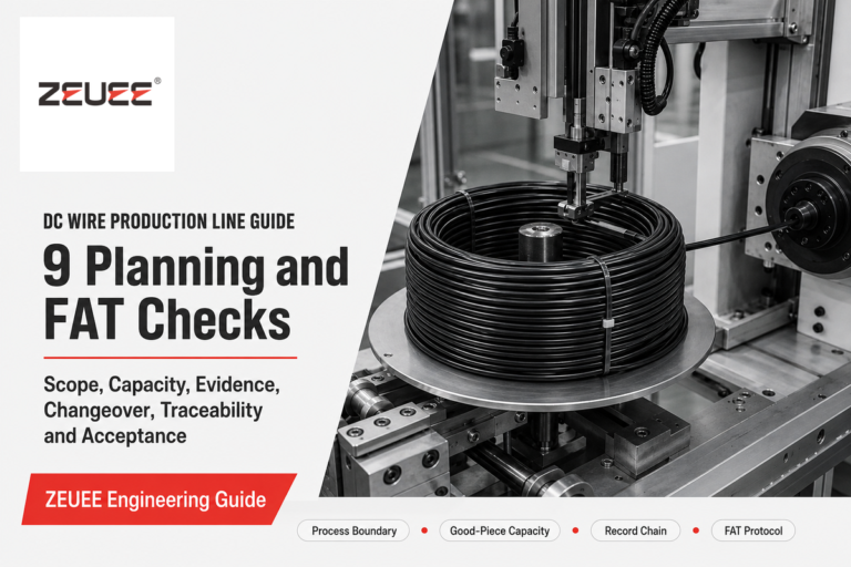 DC wire production line guide cover linking product scope, quality evidence, traceability and FAT planning