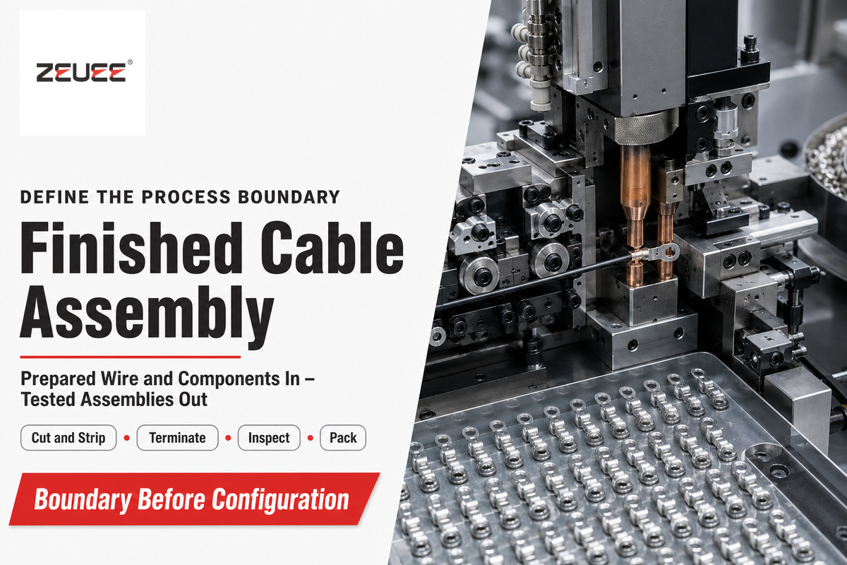 Downstream DC cable assembly starts with prepared wire and components, not copper drawing or primary extrusion