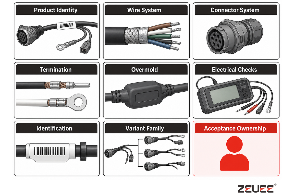 Nine controlled input categories connect the cable sample to revision, materials, tests, variants and acceptance owners