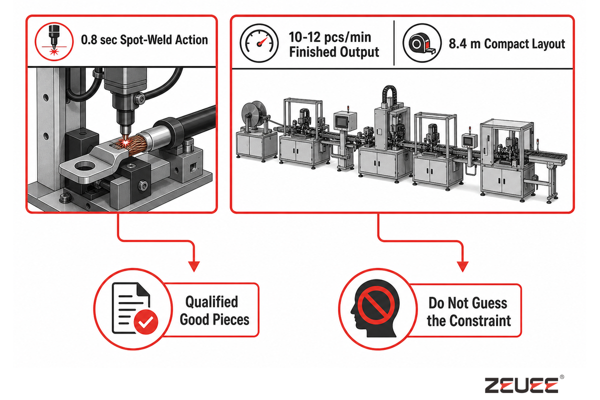 ZEUEE publishes a 0.8 sec weld action but 10-12 finished pieces per minute, proving station time is not line rate