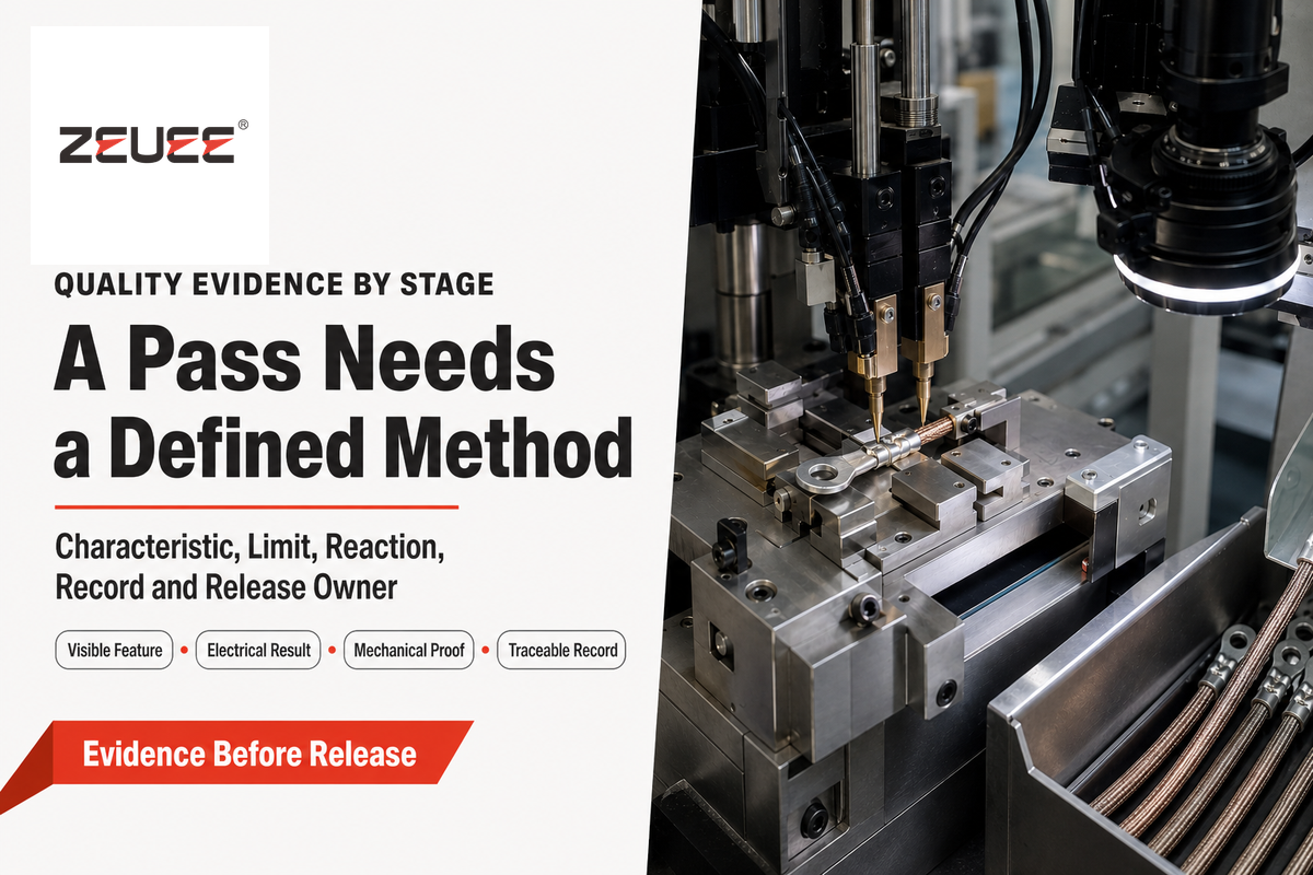 Quality evidence must name the characteristic, method, limit, reaction, record and owner at each cable-assembly stage