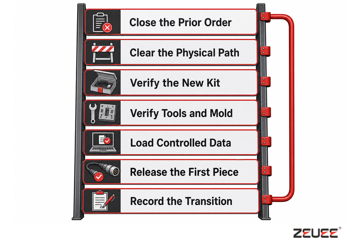 Seven-step Variant Reset Ladder clears prior material, verifies the new kit and records first-piece authorization