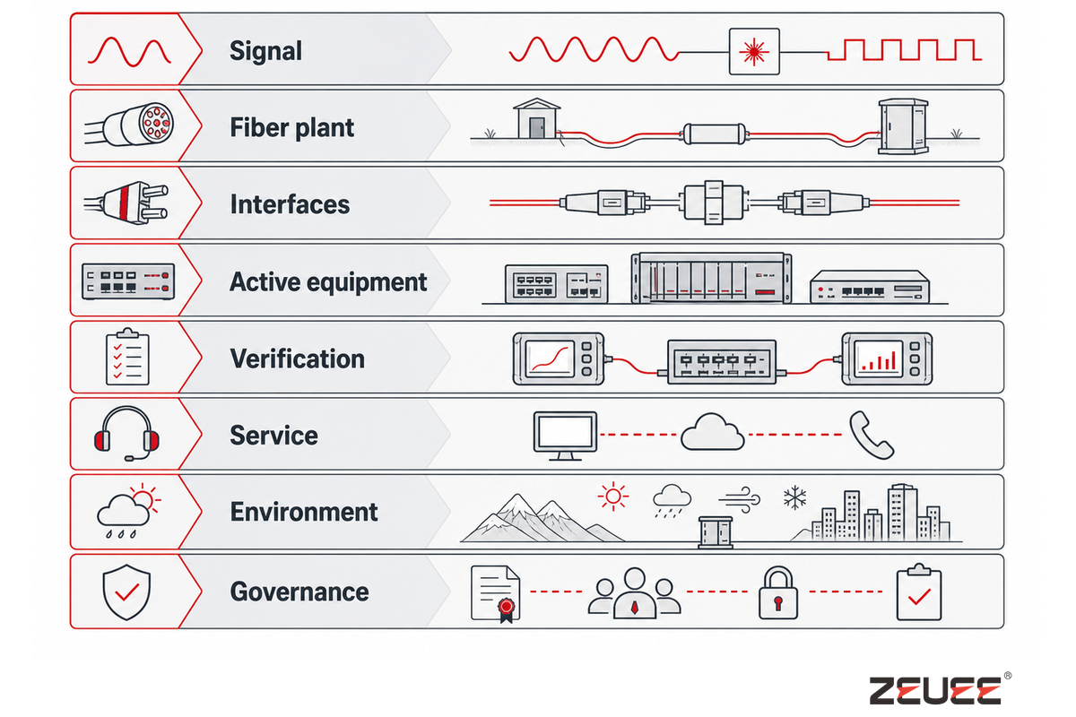 Eight-layer map of a fiber-optics and telecom system from signal source to service, each layer with its evidence owner
