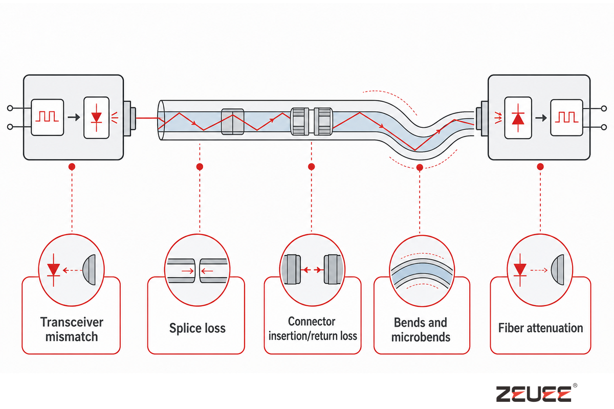 Five loss points in an optical link: fiber attenuation, splice loss, connector loss, bends/microbends, transceiver mismatch