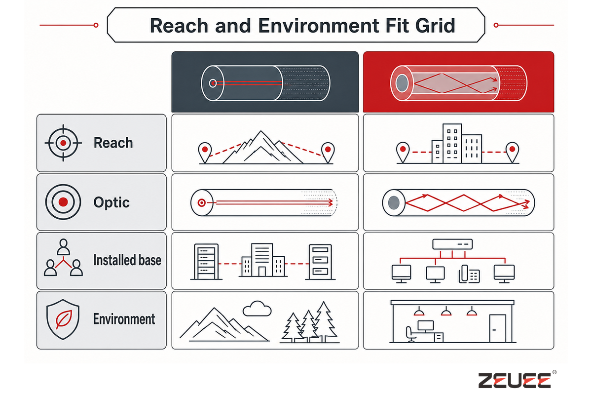 Reach and Environment Fit Grid comparing single-mode and multimode fiber across reach, optic, installed base, and environment