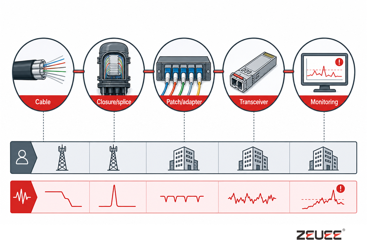 Fiber-optic network role map: cable, closure/splice, patch/adapter, transceiver, and monitoring, each with its owner