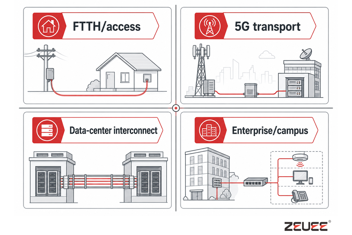 Design-pressure comparison across FTTH/access, 5G transport, data-center interconnect, and enterprise/campus links