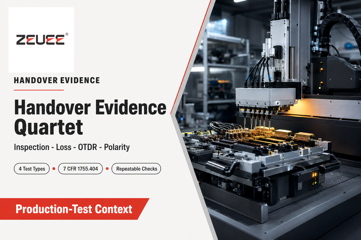 Handover Evidence Quartet: visual inspection, insertion/return loss, OTDR fault location, polarity/continuity for acceptance