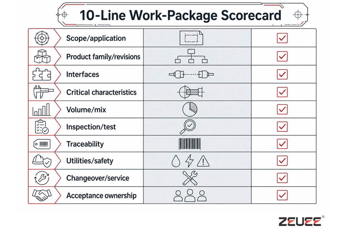 10-Line Work-Package Scorecard covering scope, product family, interfaces, characteristics, and acceptance ownership