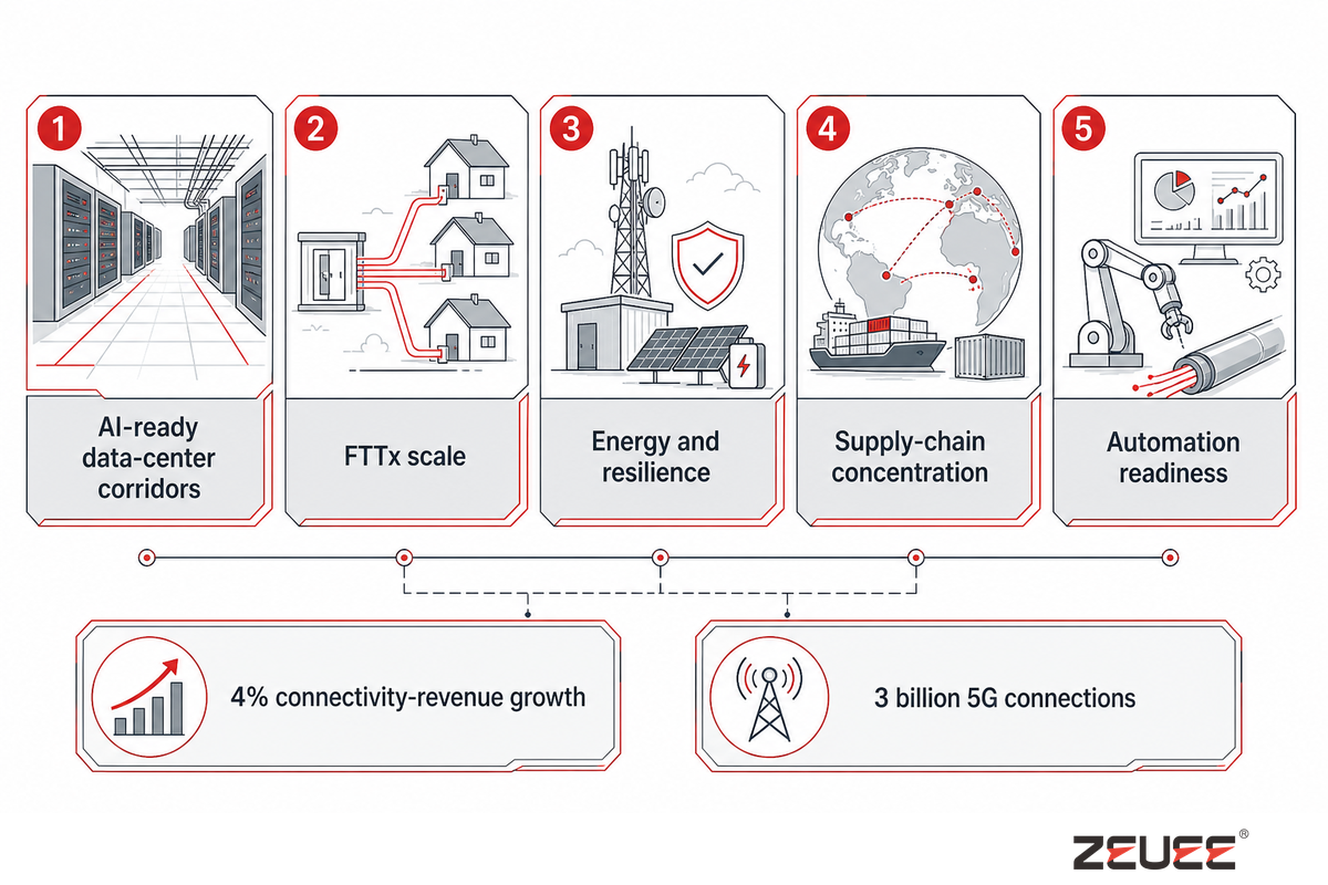 2025-2026 fiber/telecom trends: AI data-center corridors, FTTx scale, energy resilience, supply chain, automation readiness