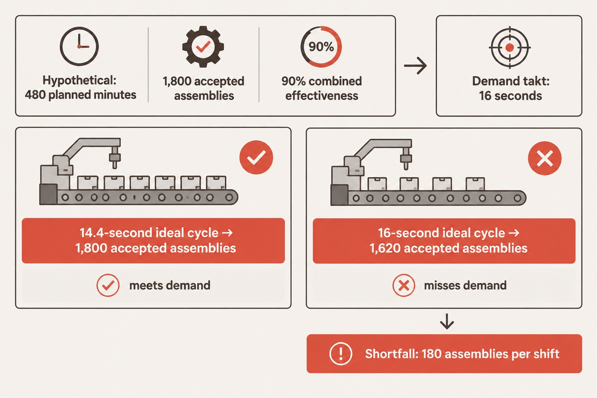 Hypothetical: 480 minutes at 90% effectiveness needs a 14.4-second ideal cycle for 1,800 good assemblies; Lean and UT basis.