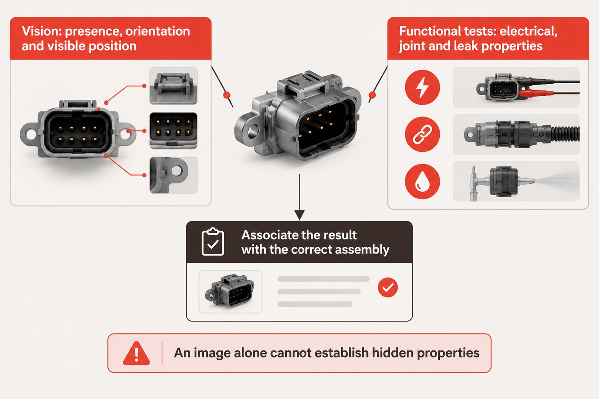 Vision checks visible features; hidden electrical, joint and leak properties need other tests; NIST-informed inspection boundary.