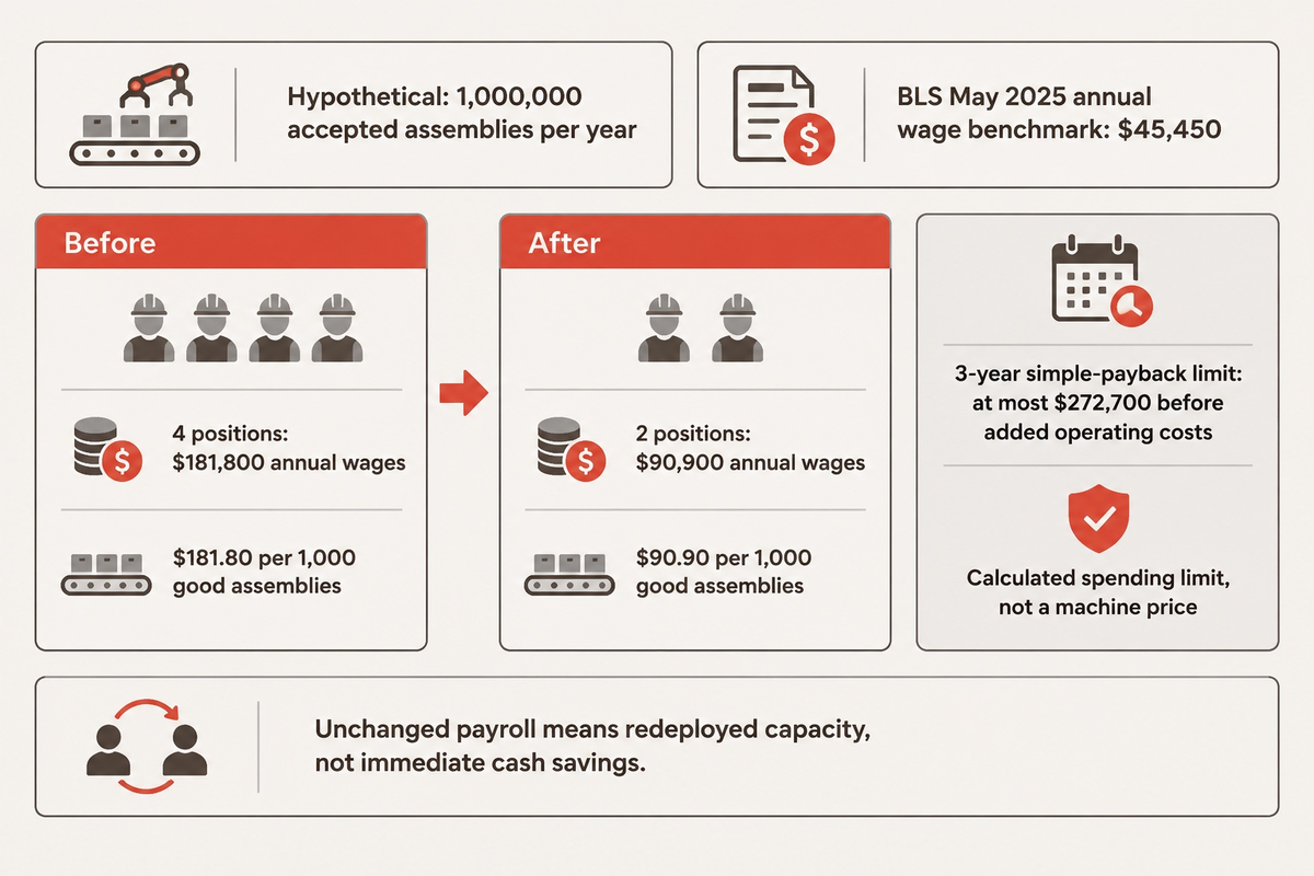 Hypothetical 4-to-2 staffing yields $90,900 wage difference; $272,700 three-year ceiling excludes added costs; BLS wage basis.