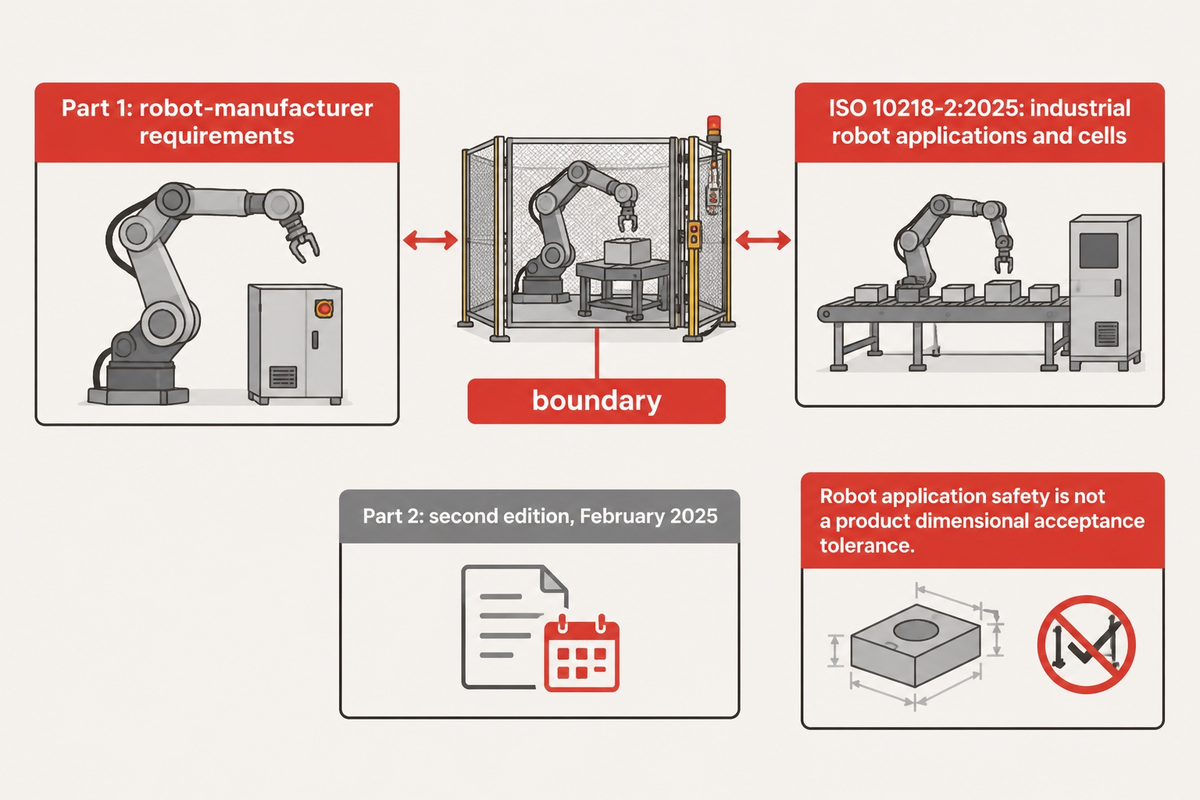 ISO 10218-2:2025 concerns robot applications and cells, not finished-product tolerances; ISO and A3 scope explanation.