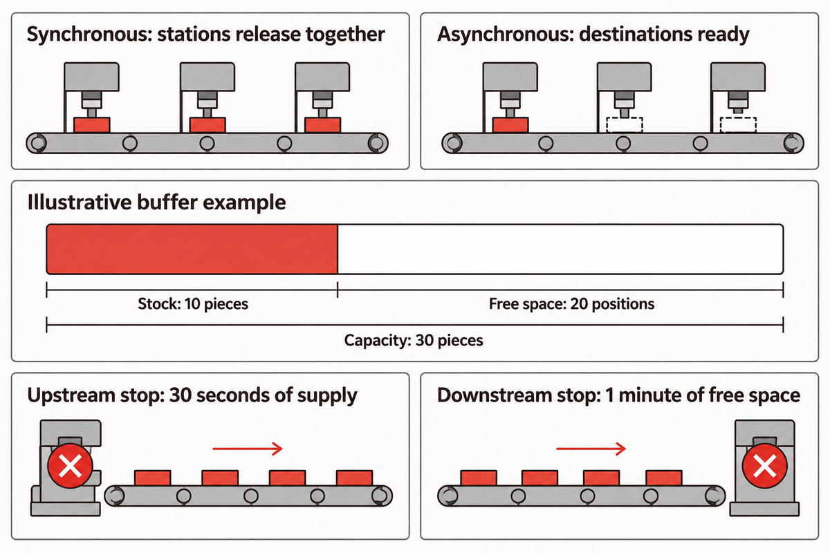 Assumed 30-piece buffer with 10 stocked at 20/min protects supply for 30 seconds; finite-buffer teaching example.