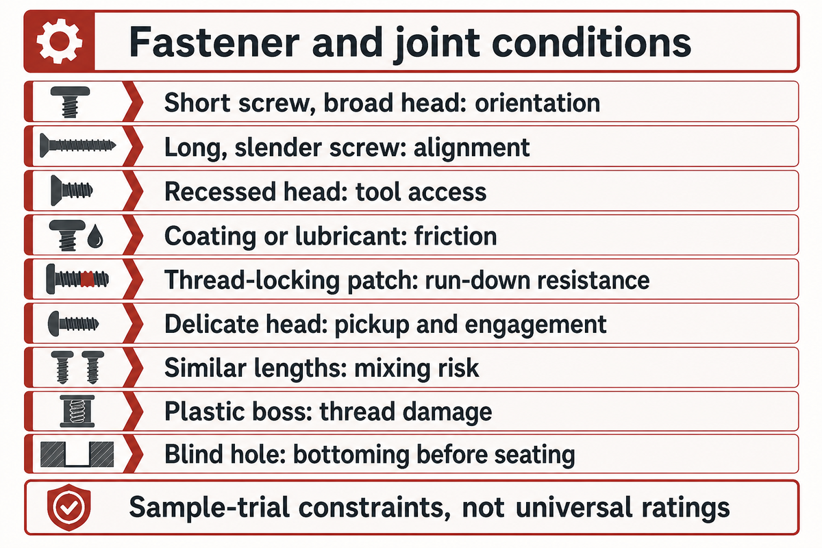 Nine screw and joint conditions with the feeding, access and damage constraint to test