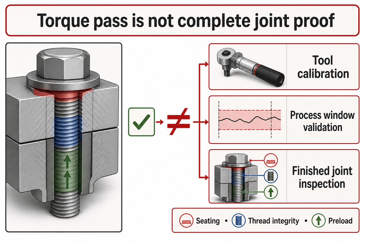 Torque measurement, process validation and finished joint inspection shown as separate checks