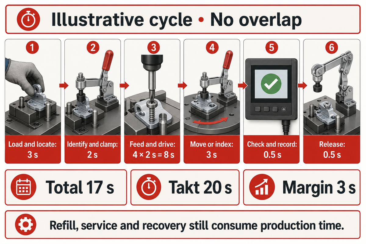 Six-stage illustrative assembly timing totals 17 seconds against a 20-second takt before production losses