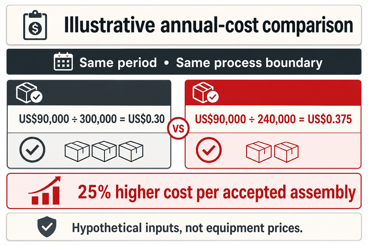 Hypothetical accepted-output cost comparison showing 30 cents versus 37.5 cents per assembly