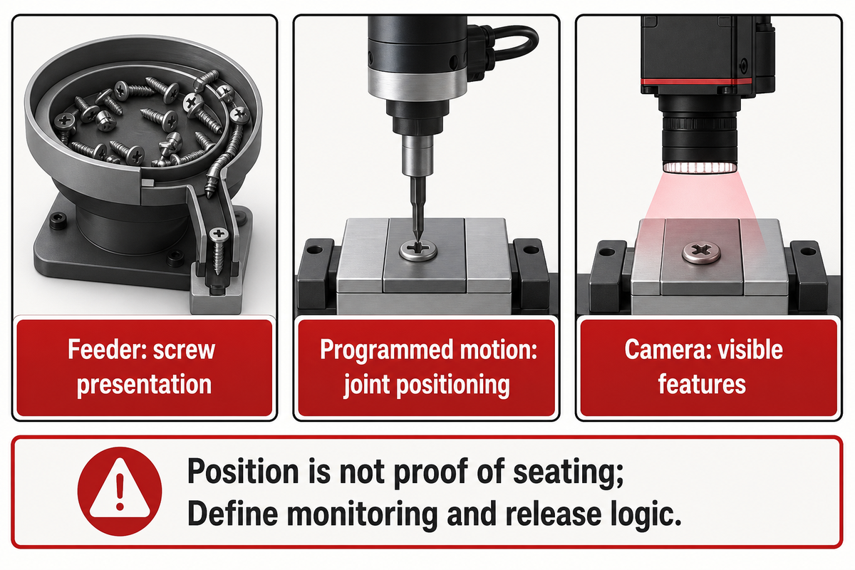 Feeder, programmed motion and vision functions compared with their limits in screwdriving acceptance