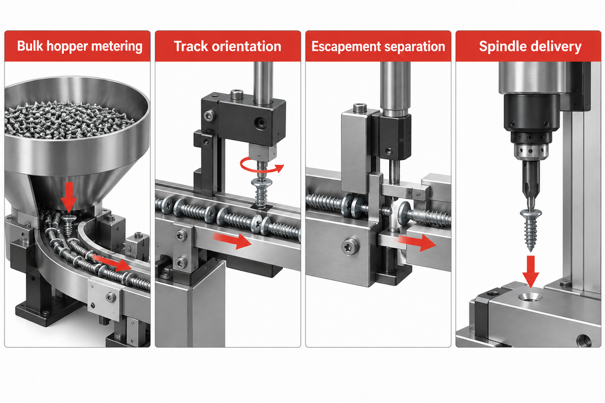Vierstufige mechanische Prozesskette eines automatischen Schraubenzuführsystems von der Behälterdosierung und Schienenorientierung über die Vereinzelung bis zur Spindelübergabe.