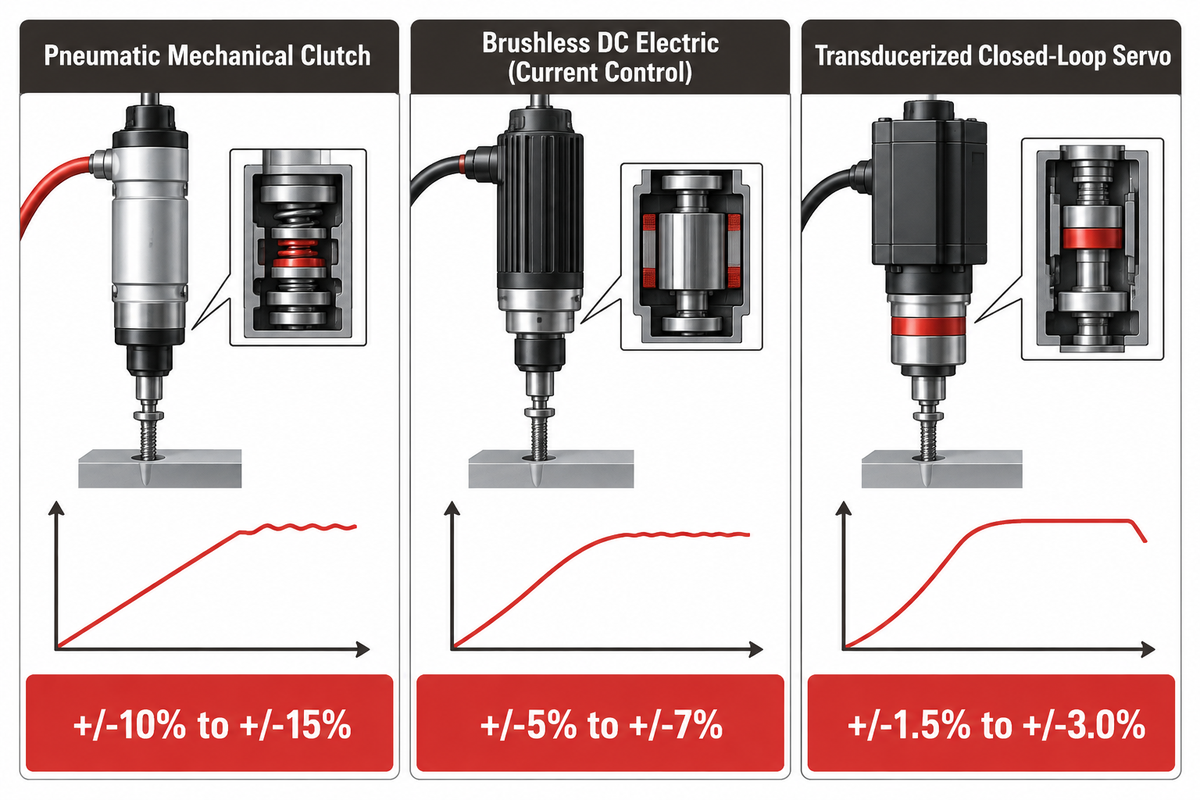 Vergleich von pneumatischer Mechanikkupplung, bürstenlosem stromgeregeltem DC-Elektroschrauber und geschlossener Messwertaufnehmer-Servospindel.