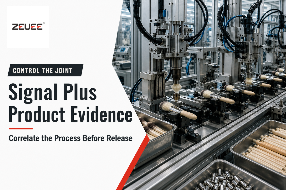 Paint and cosmetic brush assembly line with joining process and product evidence controls