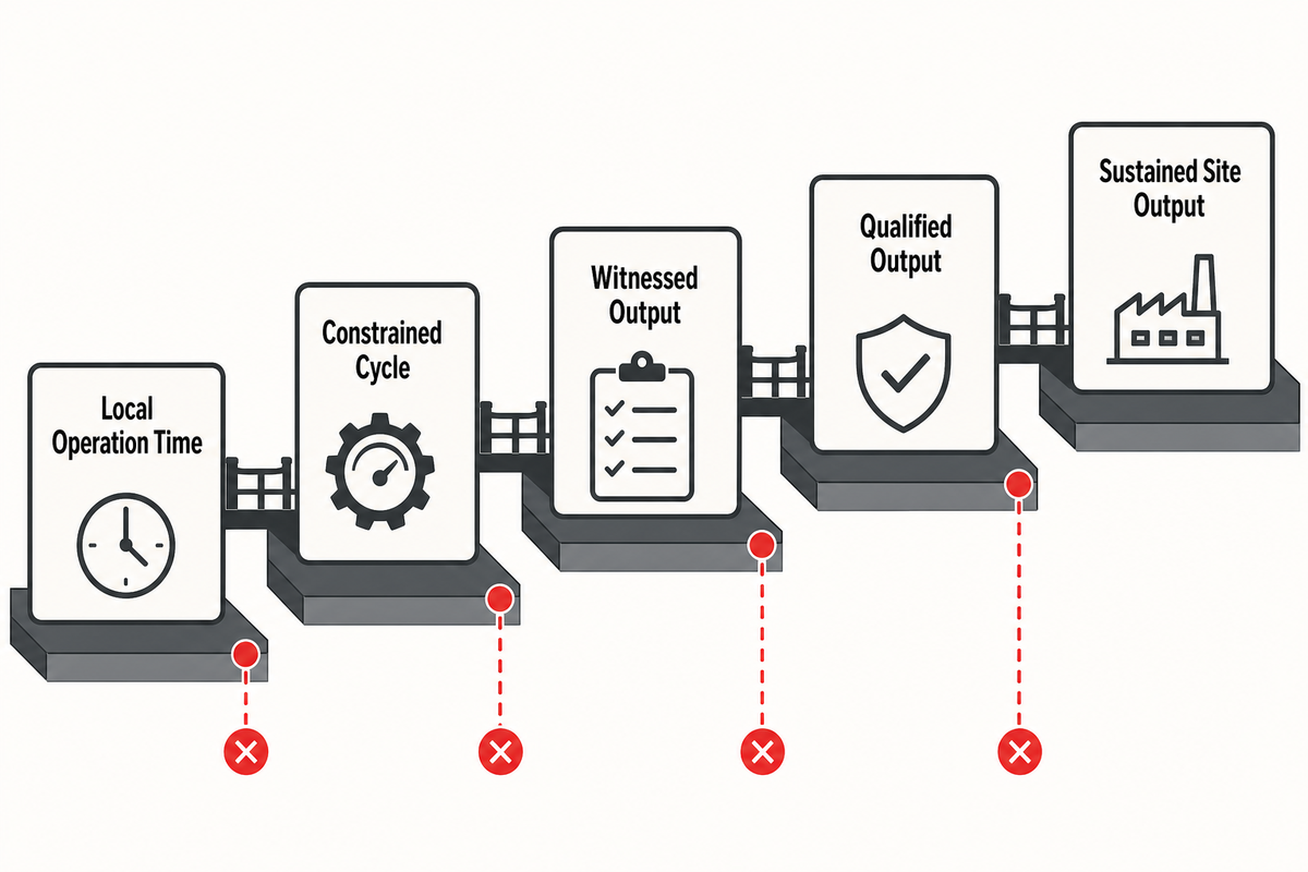 Five-level bridge from local operation time to qualified and sustained site output