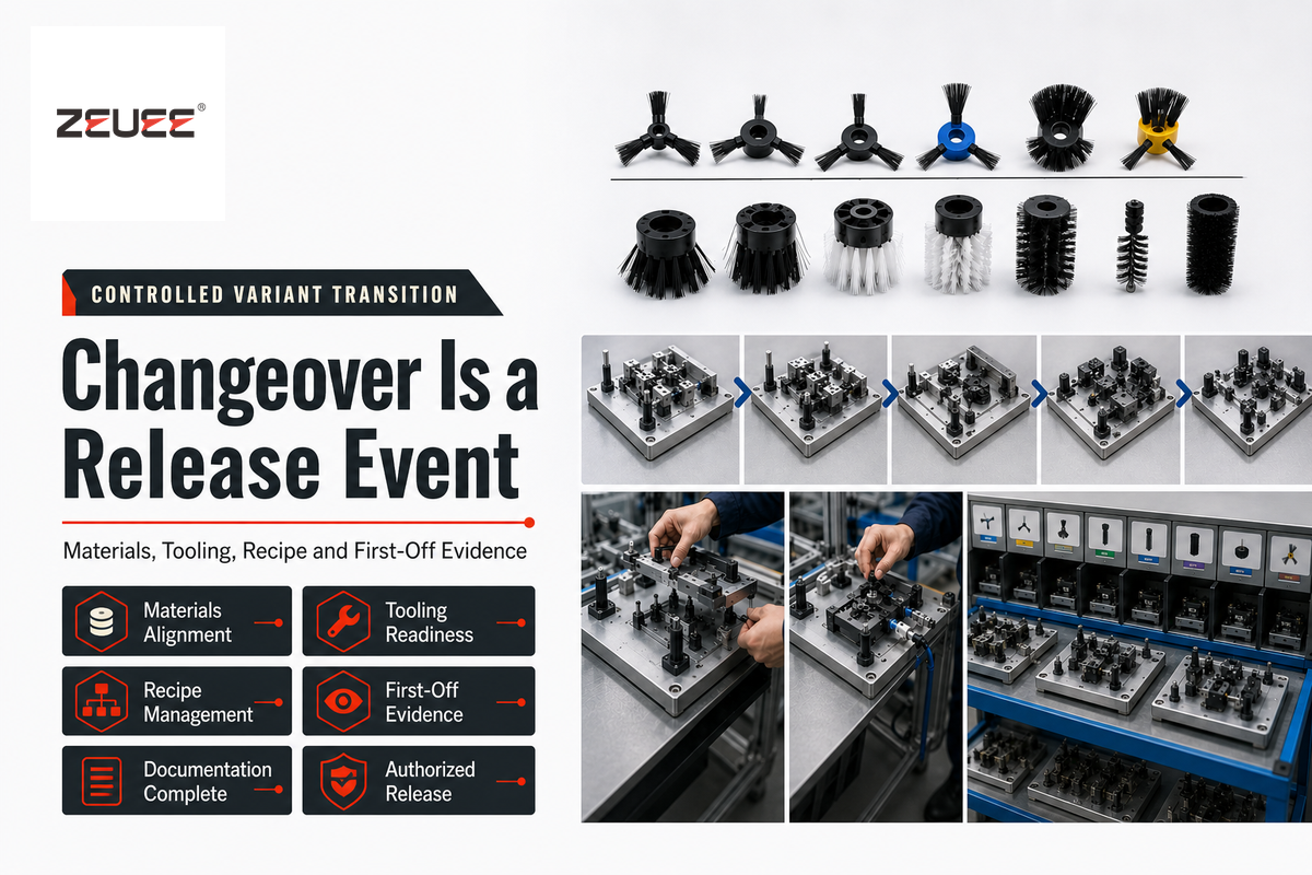 Variant tooling and fixture changeover with controlled first-off release steps