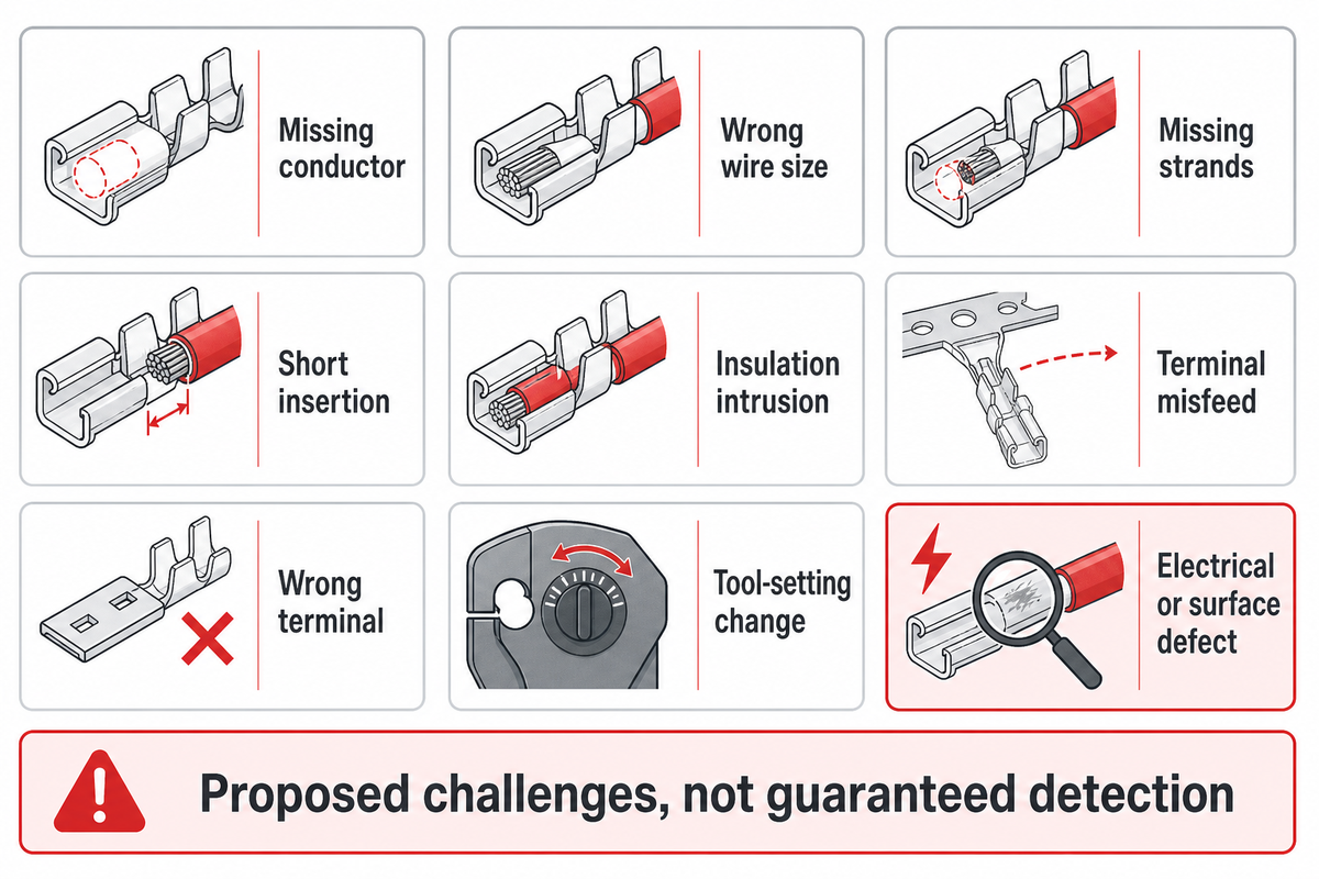 Nine proposed fault families need individual application trials; force alone may miss electrical or surface defects