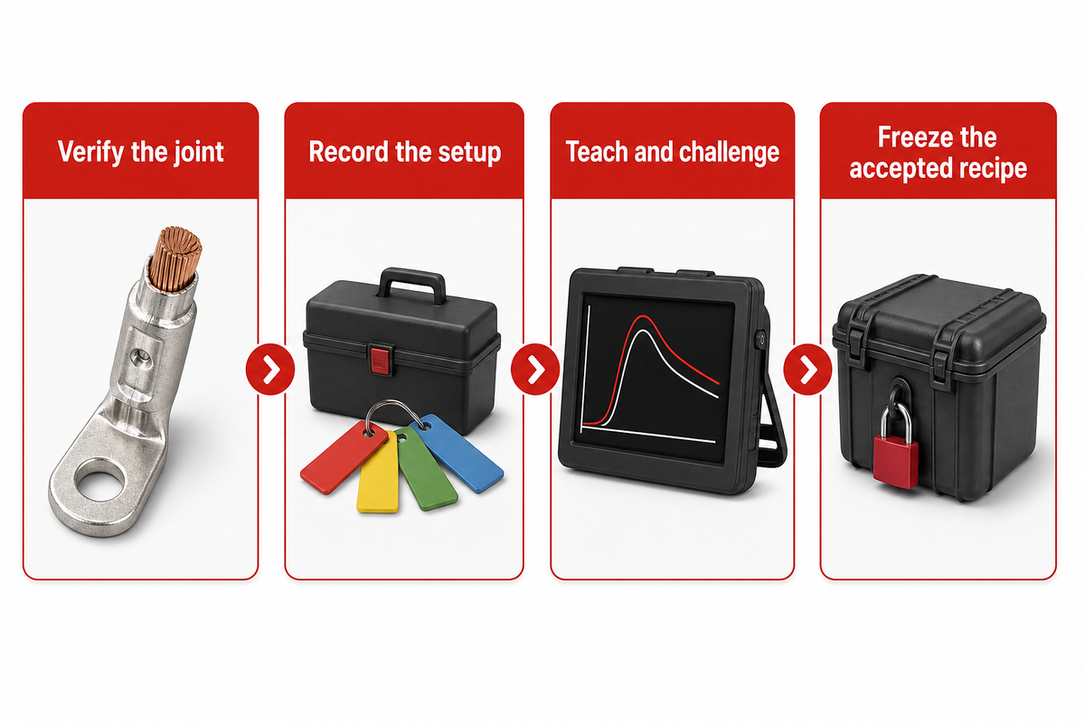 Verify the joint before teach-in, record the setup, challenge samples and freeze the accepted recipe (Garcia-Cota)