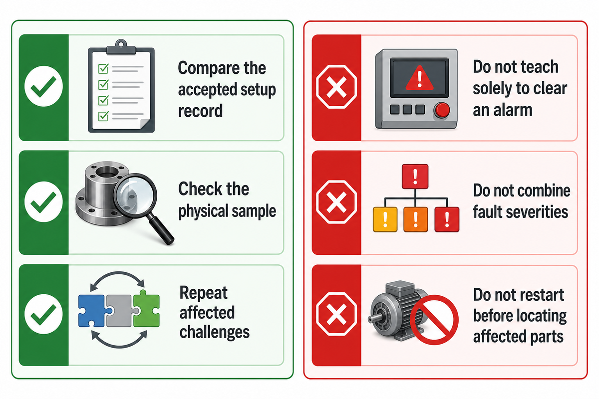 Compare setup and physical samples before changing limits; do not teach a new reference solely to clear an alarm