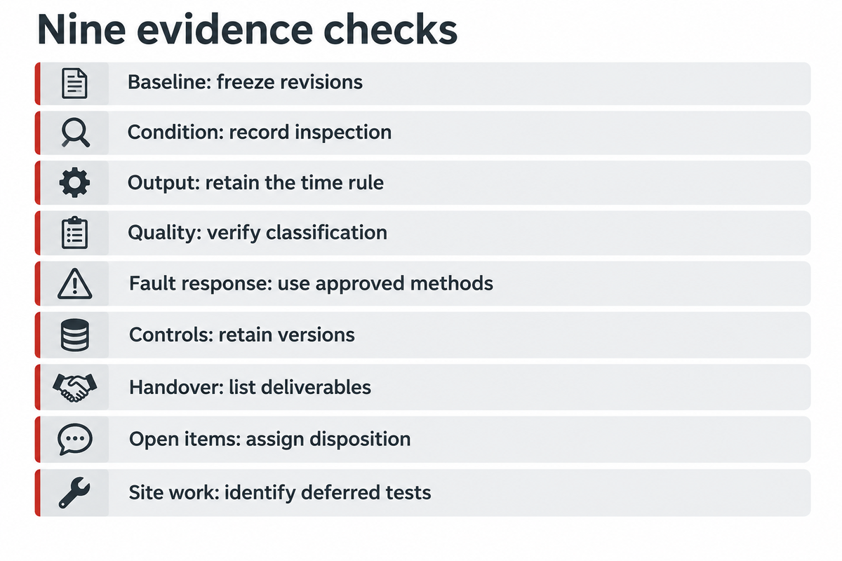 Nine buyer-defined FAT evidence checks, from revision baseline to site work; synthesized from NASA and PMMI guidance.