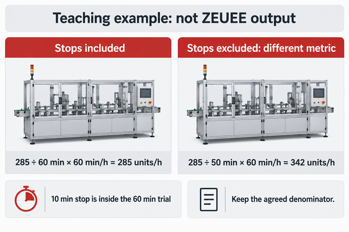 Teaching example: 285 units in 60 min yields 285 units/h; excluding 10 min gives a different 342 units/h metric.