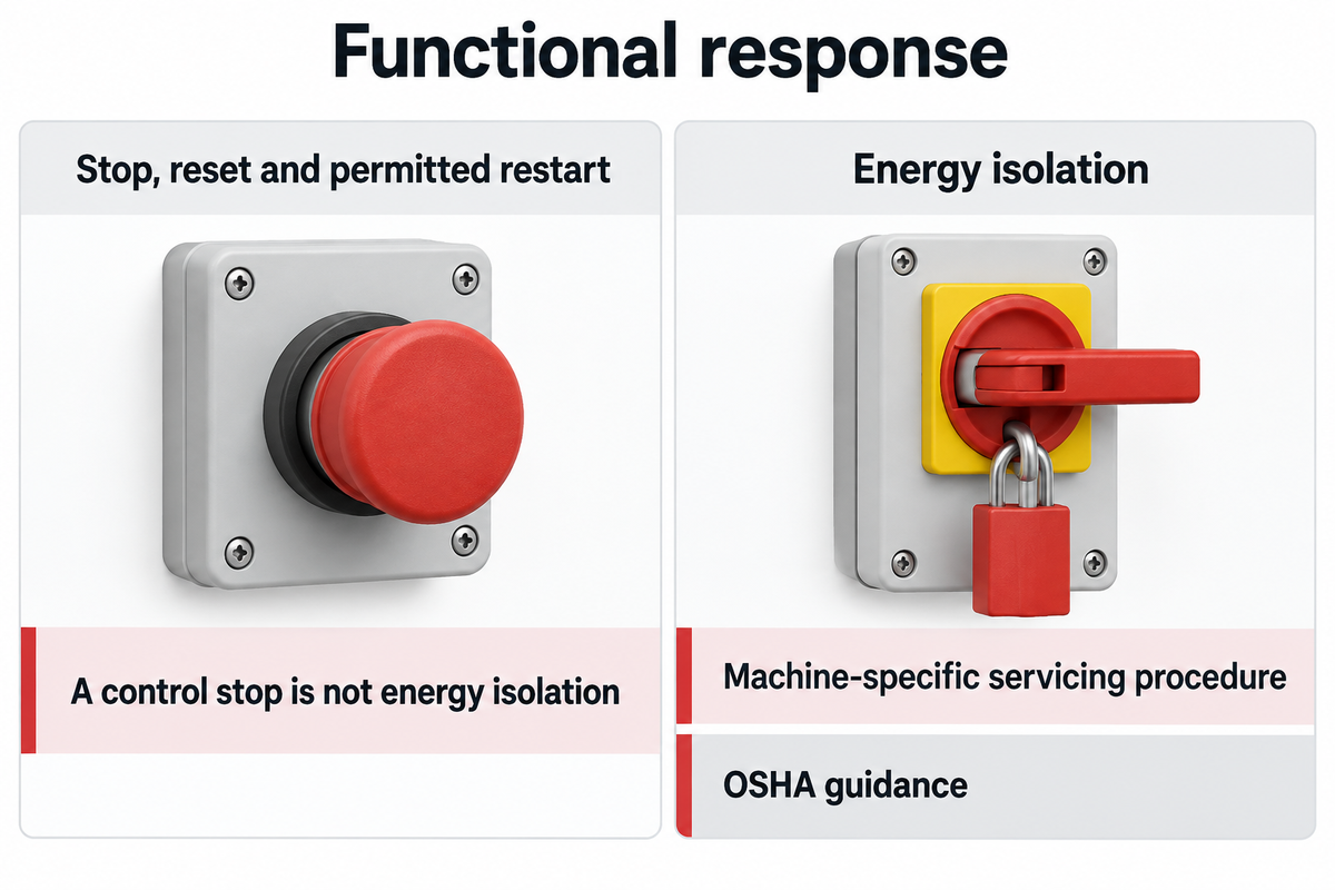 A control stop does not isolate hazardous energy; follow machine-specific servicing procedures under OSHA guidance.