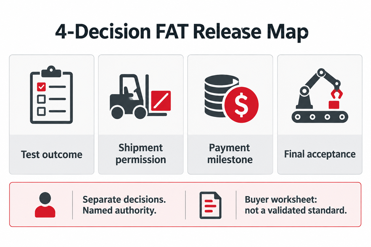Four buyer-defined FAT decisions keep test outcome, shipping, payment and final acceptance separate; NASA-informed worksheet.
