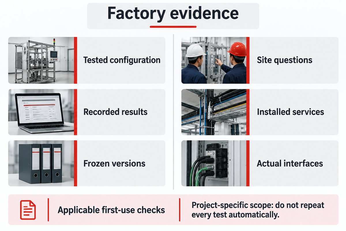Factory evidence and installed site checks have different scopes; planning synthesis from NASA transition and HSE inspection guidance.
