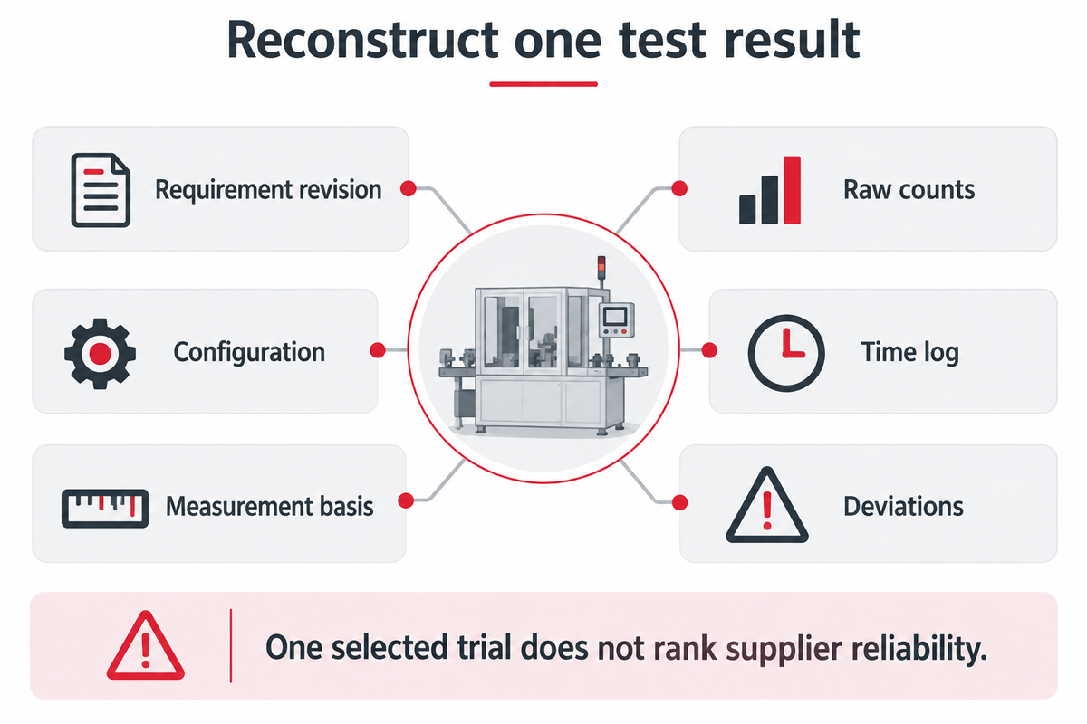 Six evidence fields help reconstruct a supplier trial; a single chosen result cannot rank reliability, per NIST comparison scope.