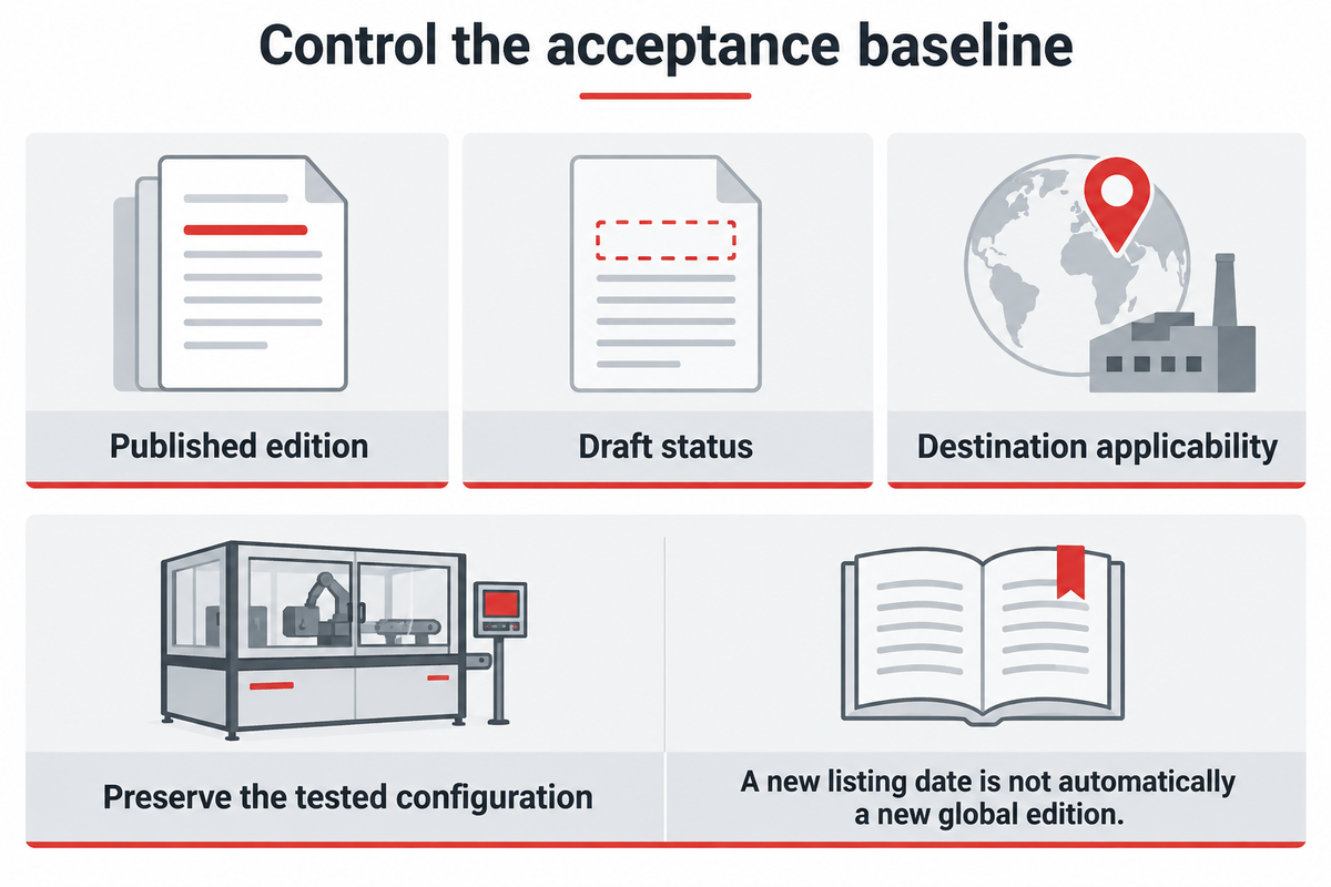 Check published editions, drafts and destination applicability; ISO and IECEE source status must stay distinct.